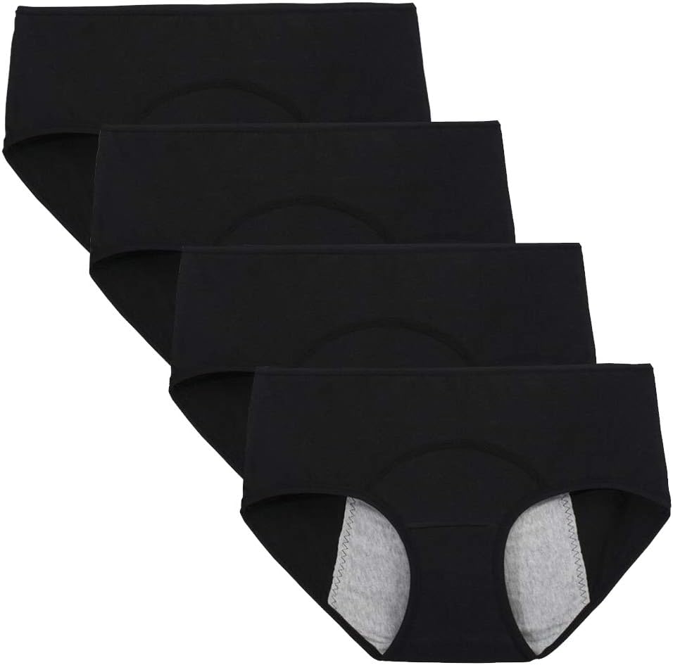 Teenager Girls Breathable Cotton Period Panties Pack of 4pcs Menstrual Heavy Flow Leak-Proof Underwear Briefs Medium, 4Blacks