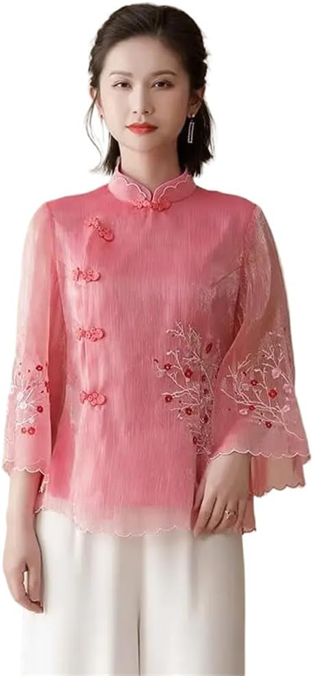 LIXINGHEITANG women' cheongsam top retro chinese style improved collar buckle lady zen tea suit blouse