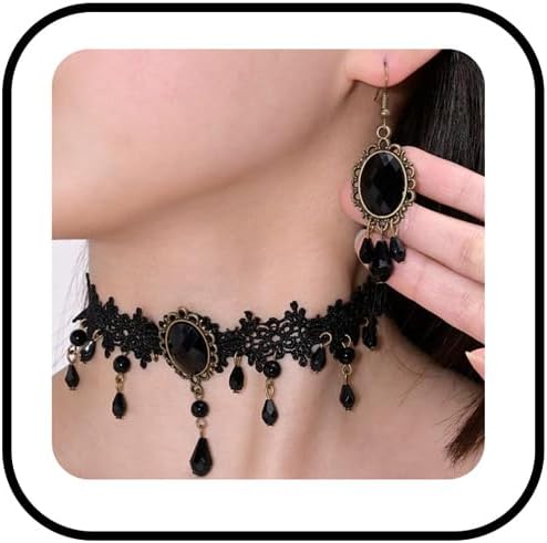 Gothic Vampire Choker Necklace Earrings Set Vintage Black Lace Hollow out Necklace Victoria Style Black Red Pink Crystal Glass Cameo Pendant Necklace Earrings Set Halloween Mysterious Witch Vampire Jewelry