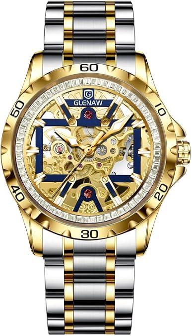 Automatic Watches for Men-Rhinestone Ring Open Dial, Skeleton Mechanical Self Wind Watch, Men's Waterproof Watch Stainless Steel Strap