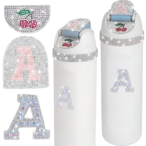 JUNIQUTE 4 PCS Use for Owala Water Bottle 16oz 24oz 32oz 40oz Accessories,Bling Rhinestone Letter Charms and Stickers Cherry Designs for Owala