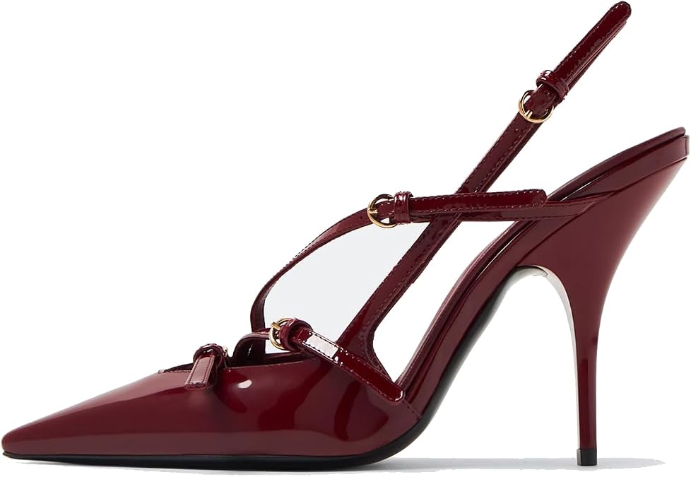 Women's Buckle Strap Leather Pumps Slingback Kitten Heels Almond Toe Dress High Heels