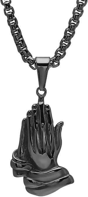 Steeltime 18K Plated Stainless Steel Praying Hands Pendant with 24" Inch Box Chain Necklace | Serenity prayer necklace | Religious Necklace for Men & Women | Black IP