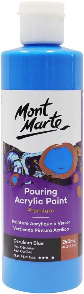 Mont Marte Premium Pouring Acrylic Paint, 240ml (8.11oz), Cerulean Blue, Pre-Mixed Acrylic Paint, Suitable for a Variety of Surfaces Including Stretched Canvas, Wood, MDF and Air Drying Clay.
