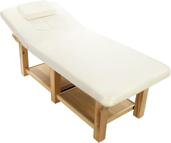 Wooden Professional Massage Table, Adjustable Backrest Heavy-Duty Stationary Massage Bed for Physical Therapy, Salon Facial Spa Bed - Beige