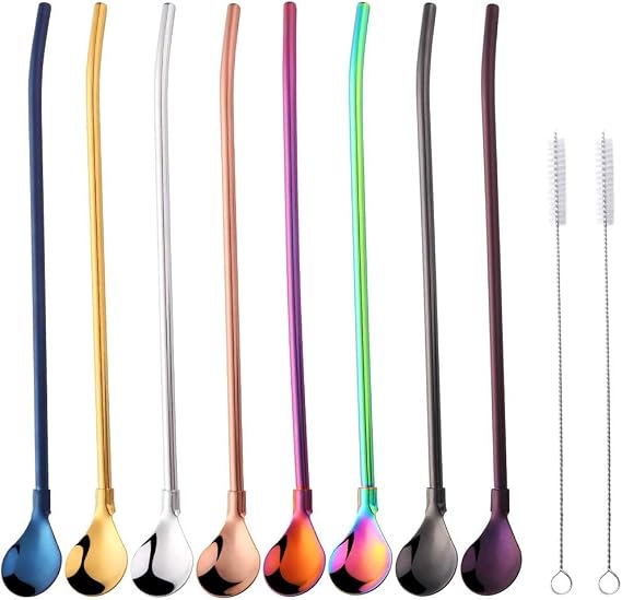 8 PCS Spoon Straws Drinking Spoon for Frozen Drink, Milkshake, Smoothies, Ice Cream Sundaes with 2 Cleaner