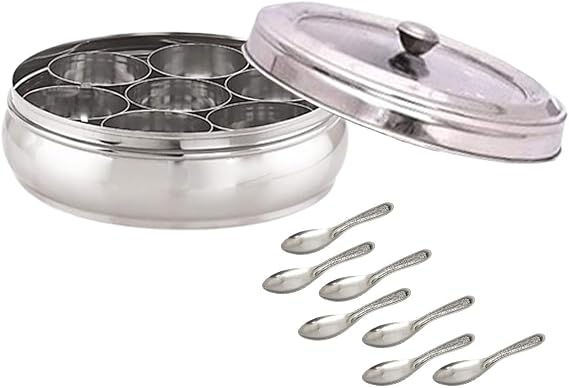 Satre Online and Marketing Stainless Steel transparent Lid Spice Box, Belly Shape with Notch, 7 Spice Containers with 7 Small Spoons (Size No. 13)