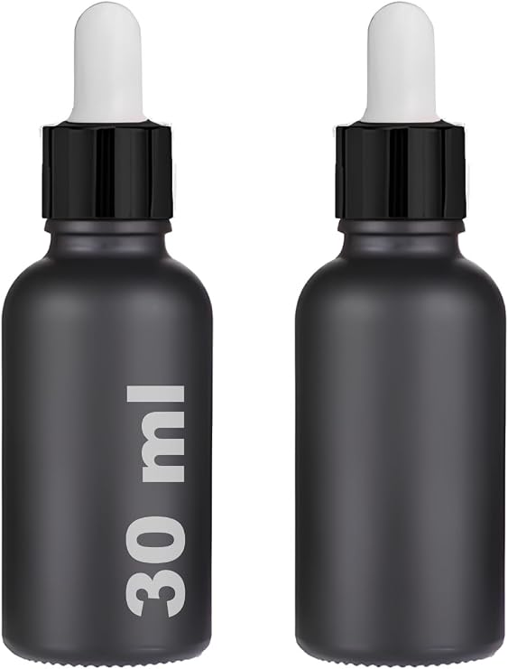 30 ml Mat Siyah Cam Damlalıklı Serum Şişesi 30 cc Renkli Metal Kapaklı Dropper Cam Şişe 2 Adet (Siyah Yüzük | Beyaz Lastik)