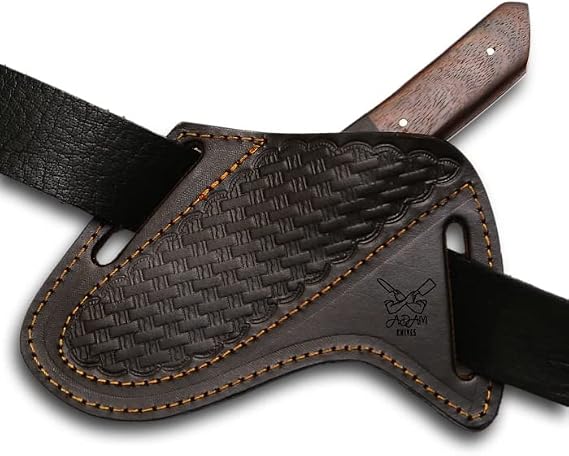 Leather Knife Sheath For Belt - Slanted Pancake Sheath, Tooled Leather Cover - Dark Brown