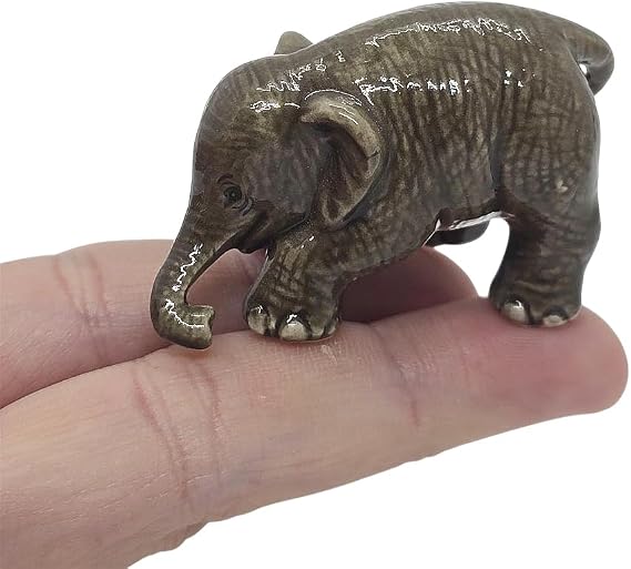 ChangThai Design Tiny 2" Gray Baby Elephant Bending Down Figurine - Miniature Hand Made Painted Ceramic Asian Elephants Cute Wildlife Animals Porcelain Decorative Collectible Figures Decor Gifts