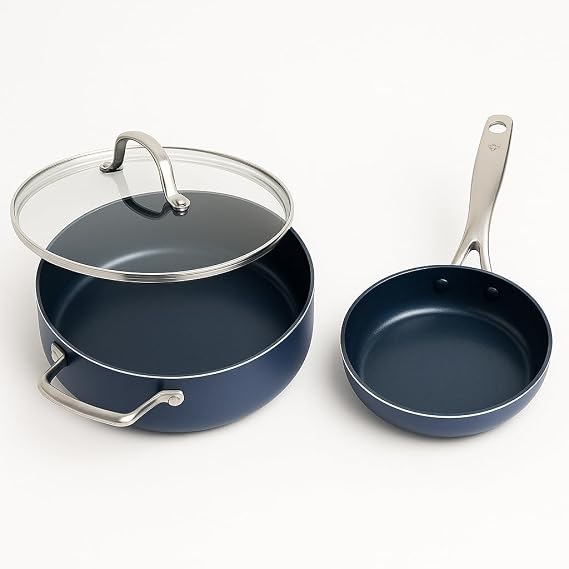 Blue Diamond 5QT Saute Pan & 8 Nonstick Frying Pan Skillet Set, Diamond Infused PFAS & PTFE-Free Ceramic Pot, Dishwasher & Oven Safe, Stay Cool Handle, Durable Non Toxic Metal Utensil Safe, Blue