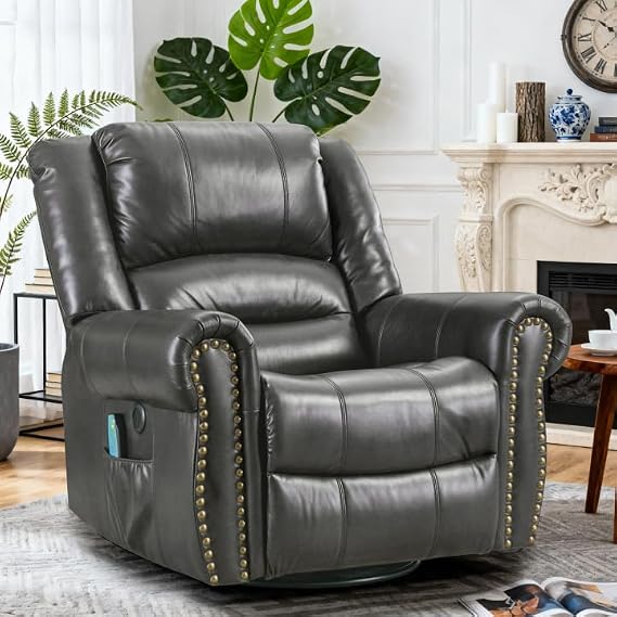 Swivel Rocker Recliner Chair with Heat and Vibration, 360 Swivel Glider Rocker Manual Reclining Chair, Massage Rocking Recliners with Side Pockets & USB Ports for Living Room, Grey