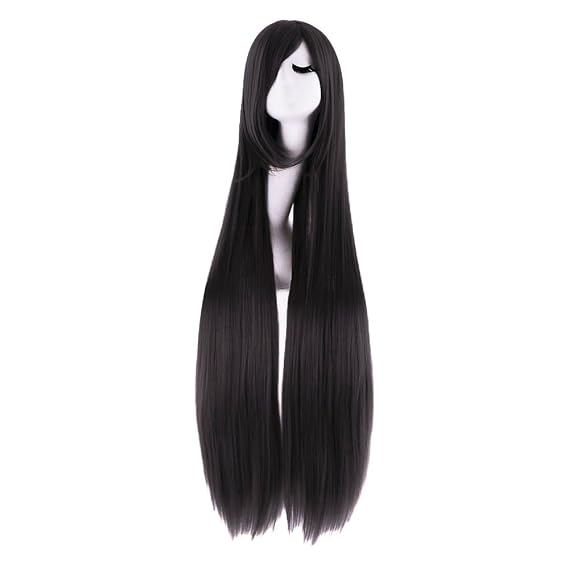 MapofBeauty 40 Inch Oblique Bangs Anime Long Straight Wig, Black | 100 cm Cosplay Wig, Party