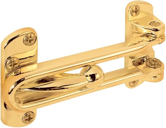 Prime-Line U 9897 Diecast Security Swing Bar Lock for Hinged Swing-In Doors, 3-7/8 Inch Bar Length by 2-1/2 Inch Height, Polished Brass, Set of 1