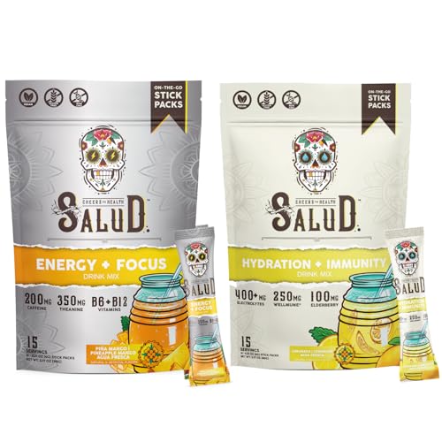 Salud 2-Pack |2-in-1 Energy  Focus Pineapple Mango & Hydration  Immunity Lemonade 15 Servings Each, Agua Fresca Drink Mix, Non-GMO, Gluten Free, Vegan, Low Calorie, 1g of Sugar