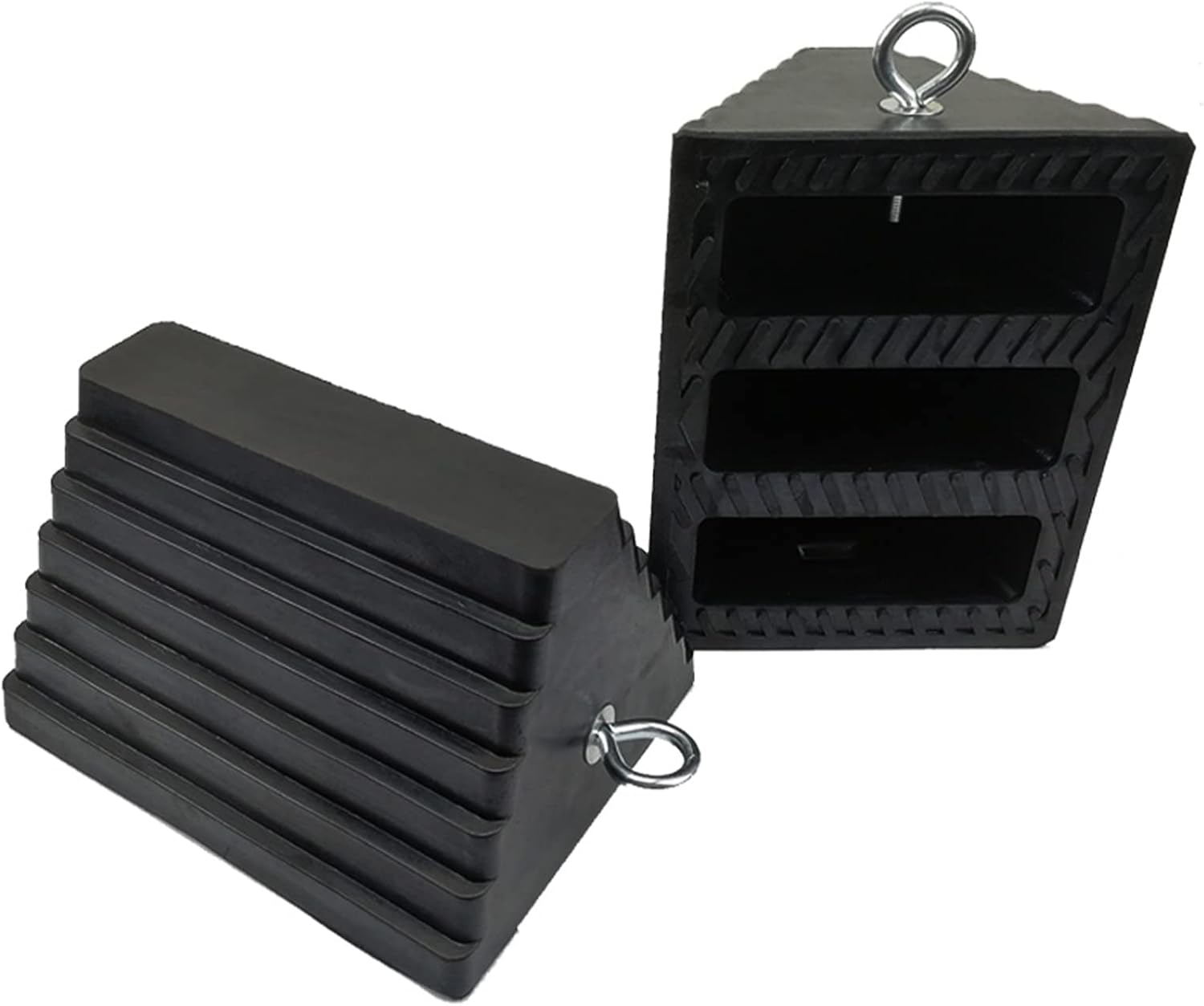 ROBLOCK 2 Pack Wheel Chocks Rubber Heavy Duty Black with Eyebolt, 9 Length x 7.1 Width x 5.5 Height, for Cars, RVs, Trucks, Trailers, and Vehicles, Anti-Slip Design Tire Chock for All Weather Use