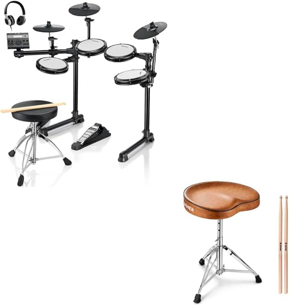 Donner DED-200 LITE Electronic Drum Set for Beginner with 450+ Sounds and Donner Saddle Drum Throne Height Adjustable Padded Seat Drum Stool for Adults and Kids
