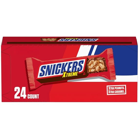SNICKERS Xtreme Peanut and Caramel Chocolate Candy Bar, 24 Count | Quick snack, chocolate bar, candy bars, chocolate snacks, peanut caramel candy bar, 1.55 oz