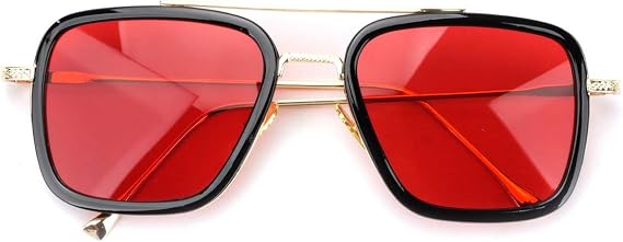 Retro Vintage Iron Man Sunglasses Tony Stark Glasses Square Metal Frame for Men Women Goggle Classic Alloy Frame (Black Frame Red Lens)