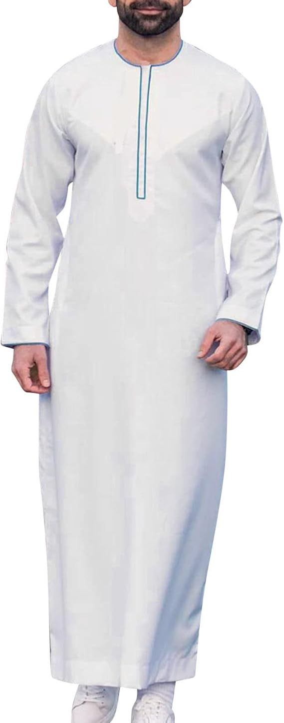 Alalaso Mens Kaftan Thobe Islamic Saudi Arabic Middle East Robes Solid Color Lightweight Long Sleeve Clothing Ramadan Jubbah