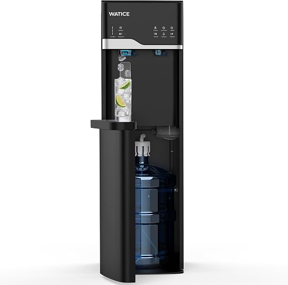 4-in-1 Self-Cleaning Water Dispenser with Ice Maker, Bottom Loading Hot, Room & Cold Water Cooler for 3 or 5 Gallon Bottle - Child Safety Lock & Nightlight (Black)