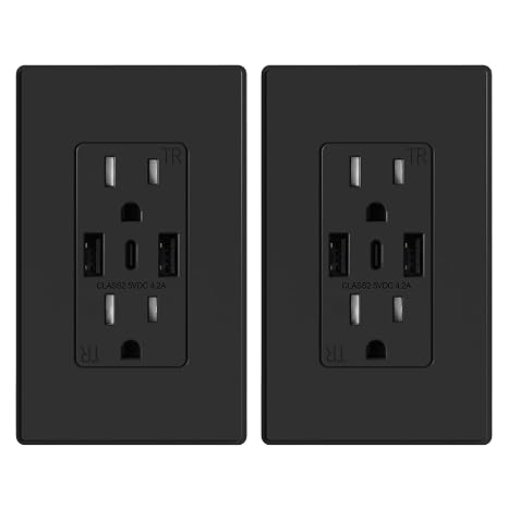 ELEGRP USB Wall Outlets, 3-Ports Type C Wall Outlets Receptacles, Matte Black 15 Amp Outlets with 3 Ports, TR Tamper-Resistant Outlets, Screwless Wall Plate Included, UL & CUL Listed, 2 Pack
