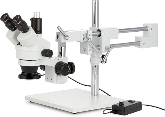 AmScope SM-4TZ-144-5MT Trinocular Stereo Microscope, WF10x Eyepieces, 3.5X-90X Magnification, 0.7X-4.5X Objective Power, 0.5X and 2.0X Barlow Lenses, 144-Bulb Ring-Style LED Light Source, Double-Arm Boom Stand, 110-240V, Includes 5MP Camera and Software