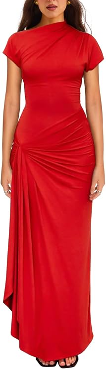 YMDUCH Women's Casual Short Sleeve Boat Neck Ruched High Split Bodycon Long Party Dress
