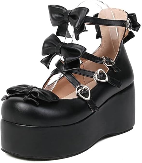 Elbslutt Womens Goth Mary Jane Shoes Platform Kawaii Cosplay Girls Lolita Shoes Round Toe Buckle Two Strap Chunky Wedge Heel Bow Y2k Ankle Strap Dress Pumps Shoes Oxfords