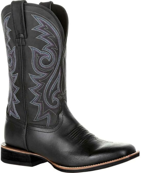 Men's Cowboy Boots Mid-Cylinder With Square Toe Classic Embroidered Mid-Calf Work Boots for Men Wide Calf Pull On Boots Western Boots
