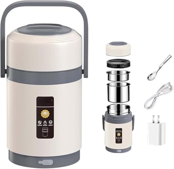 Electric Heated Bento Box Thermal Electric Heated Bento Box 2L Hot Food Insulated Food Container, Automatic Heating and Insulated Rice Bucket, USB for Commuting, Thermal Lunch Jar, Quiet and Tasteless, No Water Needed, 304 Stainless Steel Gray