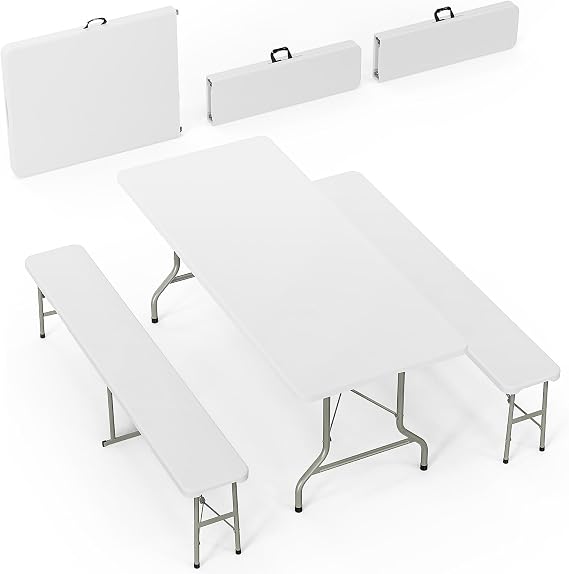 Bonnlo White Folding Picnic Table Set with 2 Benches, 6 Feet Camping Table Chair Set, Modern Portable 3-Piece Furniture for Indoor/Outdoor Use, White Folding Picnic Table with Smooth Tabletop