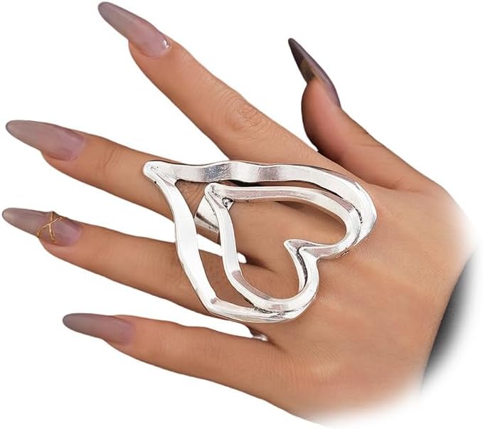 Y2k Big Double Heart Chunky Gold Silver Knuckle Ring for Women Statement | Large Gold Love Hearts Rings, Thick Silver Hollowed Polished, Trendy Exaggerated Irregular Party Valentine Jewelry Gifts