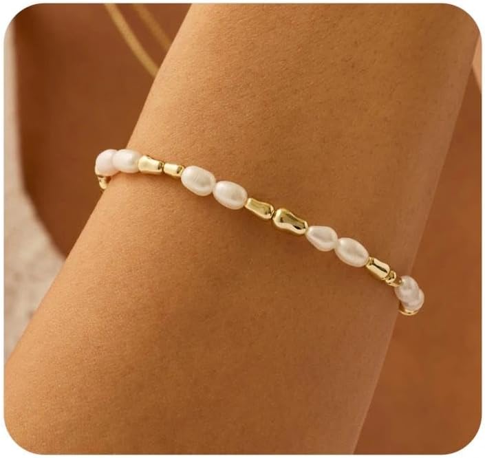 FUTIMELY Gold Pearl Bracelet for Women,Layered Chain Link Pearl Stack Bracelet Set for Woman,Herringbone Paperclip Portrait Charming Bracelet Jewelry