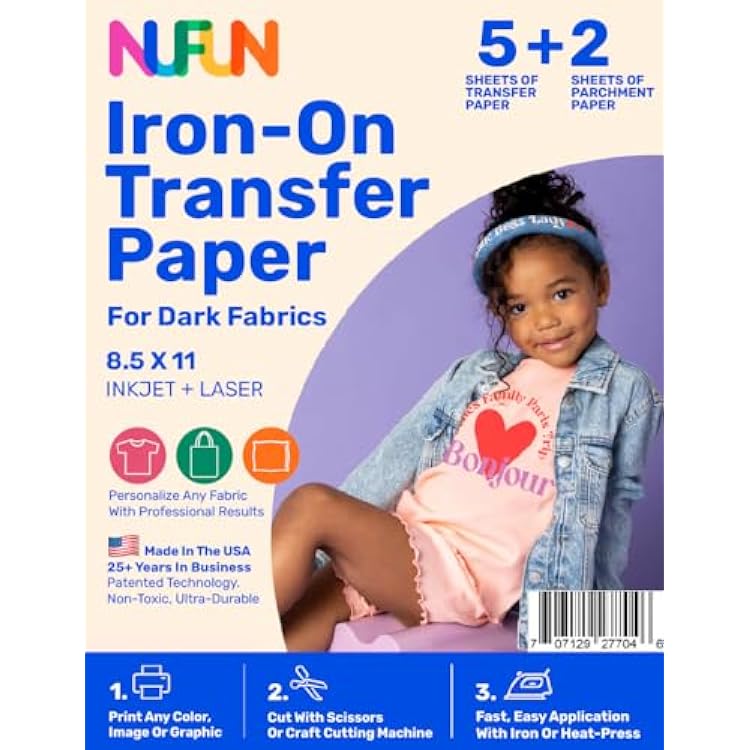 NuFun Activities Printable Iron-on Heat Transfer Paper for T Shirts, Dark Fabrics, 5 Sheets 8.5 x 11 inch, Long Lasting, Durable, Professional Quality, Easy DIY, Non-Toxic, Made In the USA