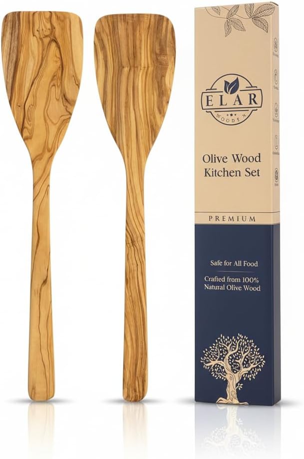 Zeytin Ağacı Spatula 2li Set – İnce ve Hafif – Omlet, Krep, Krep ve Hafif Tavada Kızartmak için Mükemmel – Yapışmaz Tavalar için Güvenli