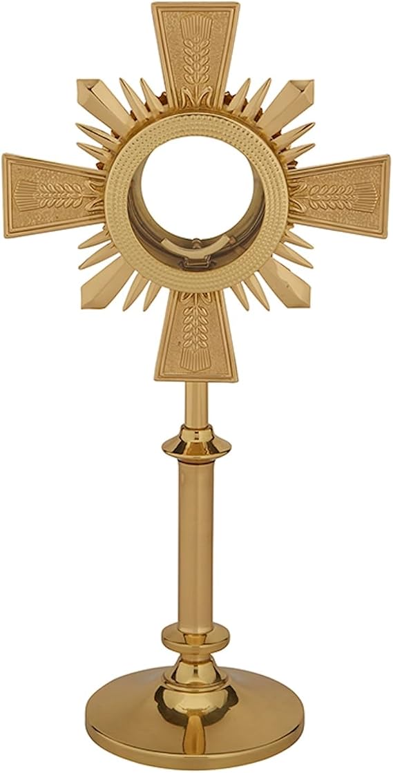 Church Supply Polished Brass Monstrance, 15.25" Tall, Cross Rays | Cross Design, Radiating Center, 3 Inch Chamber