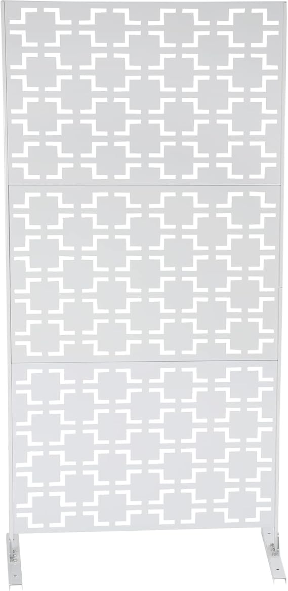 Decorative Privacy Fence Screen, 6.2FT Metal Freestanding Outdoor Privacy Screen Patio Privacy Screen Panels with Stand for Garden Backyard Patio, White, Grid Pattern
