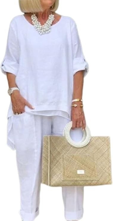ZOCAVIA Women's Long Sleeve 2 Piece Cotton Linen Sets Casual Pant Suits Lounge Sets Crewneck Shirts and Wide Leg Pants