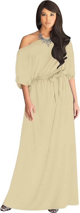 KOH KOH Womens Long Sexy One Shoulder Flowy Casual 3/4 Short Sleeve Maxi Dress