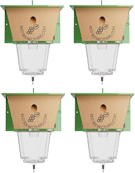Best Bee Brothers Ultimate Carpenter Bee Trap for Outside with Large, Clear External Receptacle, Internal Bee Vault & Spring-Loaded Door, 5.75" L x 6" W x 4.5" H (4 Pack)