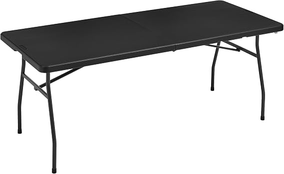 Amazon Basics Heavy Duty Portable Folding Table, 6 ft, Indoor & Outdoor, Fold-in-Half Design with Carrying Handle, for Events, Easy Folding and Storage, Black