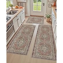 DEXI Kitchen Floor Mats 3 Pieces Non Slip, Washable Runner Rugs Absorbent,Thin Standing Carpet Soft Comfort for Sink Hallway Entryway Laundry Room Boho Decor, Rust