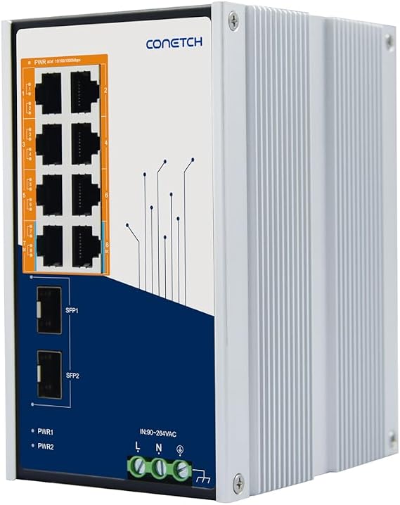 Industrial 10 Port Full Gigabit PoE Switch with 2 Gigabit SFP | 6 PoE+ Ports, 2 PoE++ Ports | IEEE802.3af/at/bt | 130W | IP40 Protection | DIN-Rail Switch | Aluminum Shell | -40 to 70C