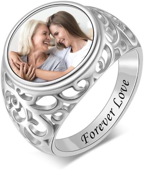 Custom Photo Ring,Personalized 925 Silver Engraved Name Ring Anniversary Wedding Birthday Gift for Lover, Available in Silver, Gold, Rose Gold