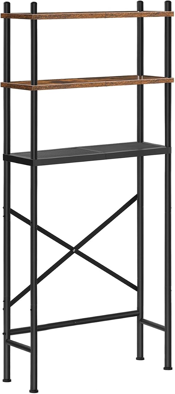 HOOBRO Over the Toilet Storage, 3-Tier Over Toilet Bathroom Organizer, Freestanding Above Toilet Shelf with Adjustable Feet, Space Saving, Easy Assembly, Rustic Brown and Black BF63TS01