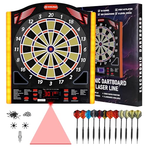 Professional Electronic Dartboard Set with Laser Toe Line, 34 Games & 350 Modes, 1-8 Players, Includes 12 Darts, Suitable for BatteriesAdapters