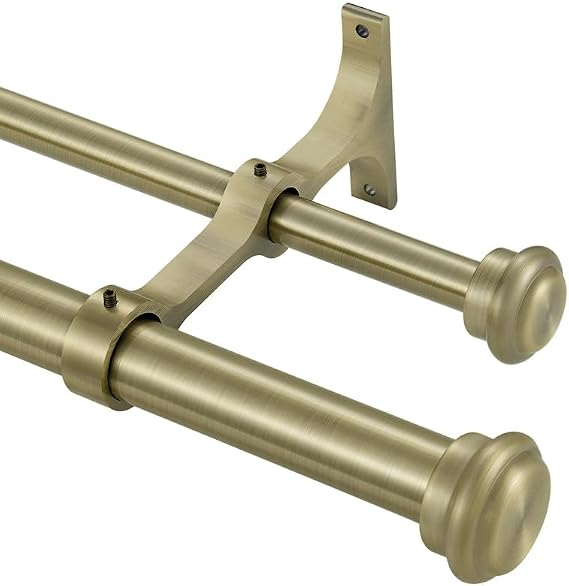 Antique Bronze Double Curtain Rods 36-72",#34;Double Window Rods with End Cap Finials, Adjustable 1-Inch Front and 5/8 Inch Back