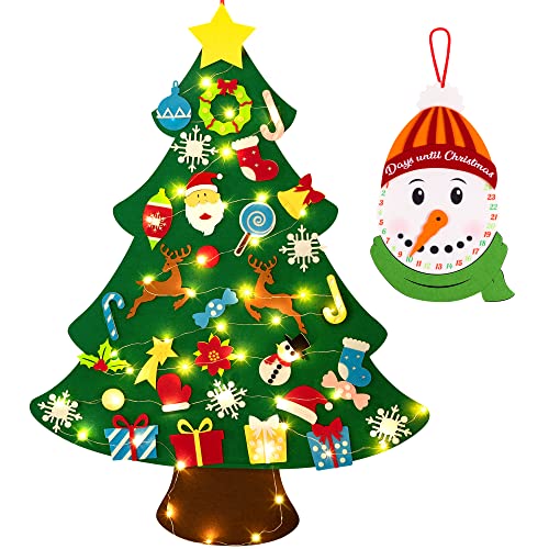 jollylife 3ft DIY Felt Christmas Tree Set  Snowman Advent Calendar - Xmas Decorations Wall Hanging 33 Ornaments Kids Gifts Party Supplies