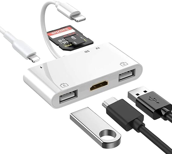 Lightning Hub iPad Adapter, 6-in-1 Digital AV Converter, TF & SD Card Reader, USB Camera Adapter, Power Delivery Compatible with iPhone, iPad and More USB Devices